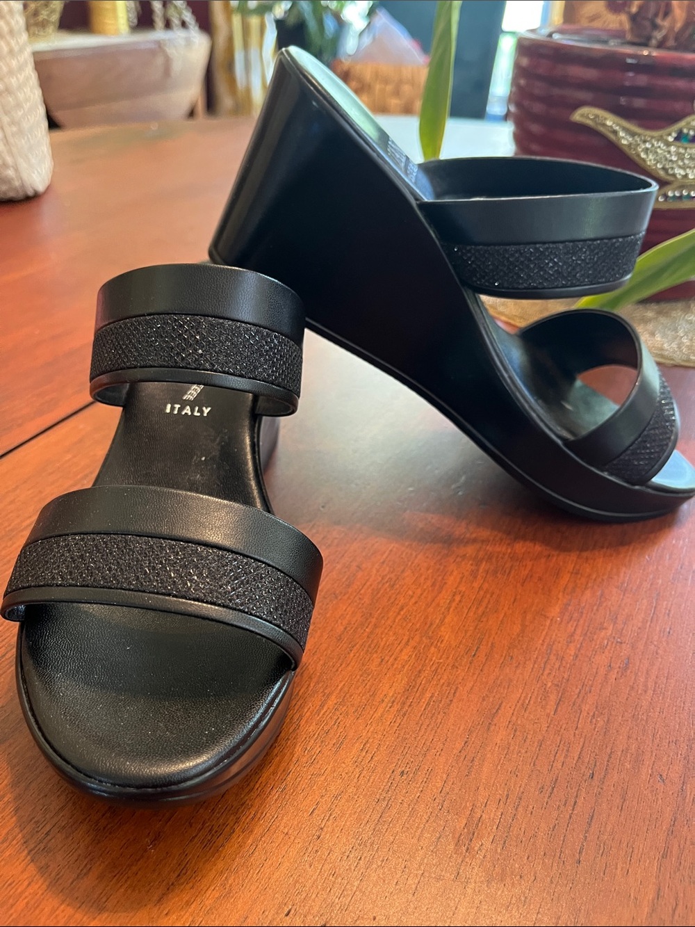 Italian Shoemakers Black Double-Strap Wedge Slides